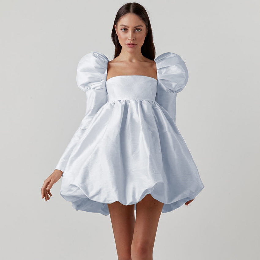 2025 Autumn Bubble Sleeve Satin Satin Princess Dress Small Dress Long Sleeve Square Neck Court Style Dress Women