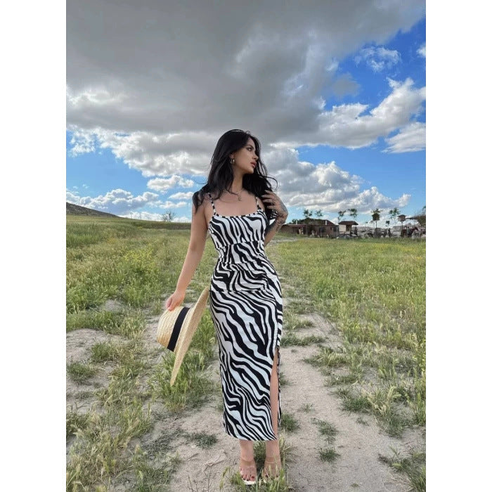 SAFERIDO 2025 ins style women's clothing summer sexy suspender slim side split zebra print popular dress
