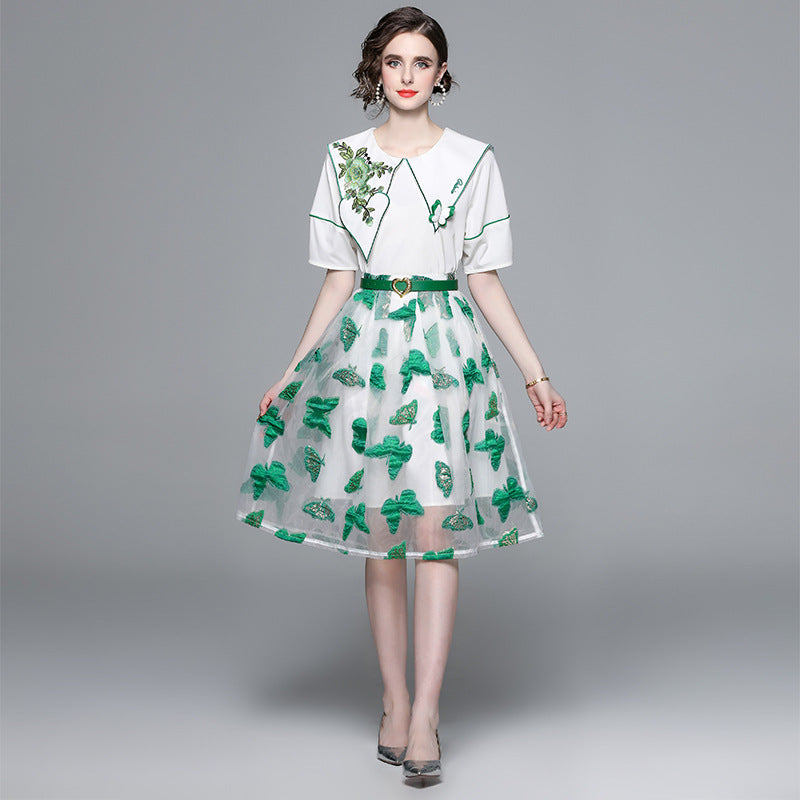 Hot style age-reducing suit skirt women's summer new design short-sleeved top embroidered butterfly mesh skirt two-piece set