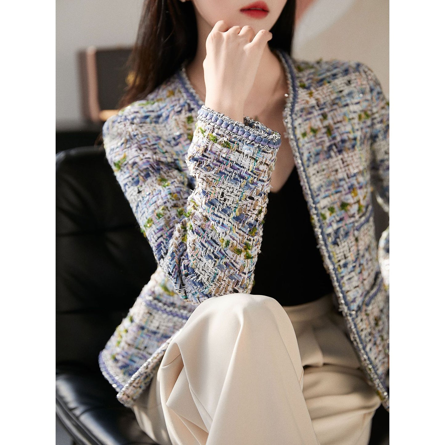 2025 Silver trimmed tweed, high-end Xiaoxiangfeng jacket, short spring and autumn women's white temperament autumn top