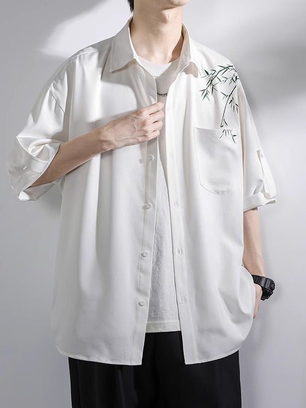 Ice silk shirt men's short sleeves summer trendy bamboo new Chinese style men's clothing Chinese style tops loose casual three-quarter sleeves