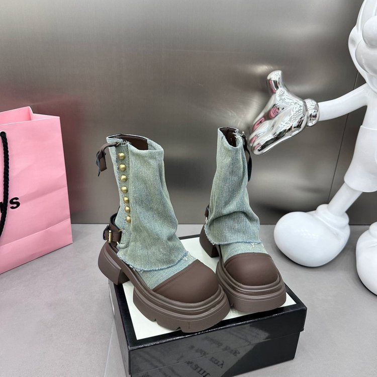 2025 Western denim cloth pants tube boots knight martin boots women's autumn and winter popular short boots children thick heel