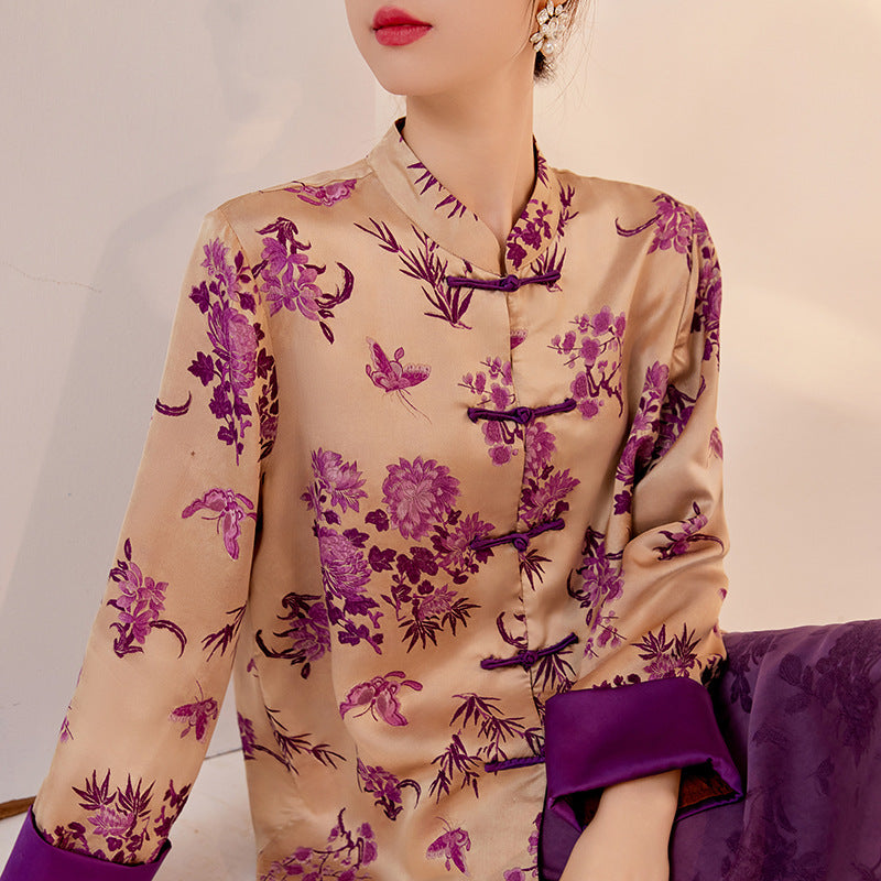 New Chinese-style new top, national style high-end buckle single ultra-purple printing design jacket autumn women M7035