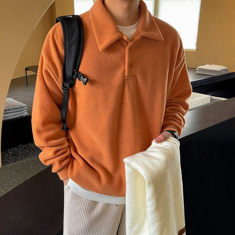 saferido -shop 90s fashion men BJ Autumn and Winter Thickened Lapel Sweater Men's Korean-Style Trendy Loose Long-Sleeved Polo Shirt Solid Color All-Matching Coat