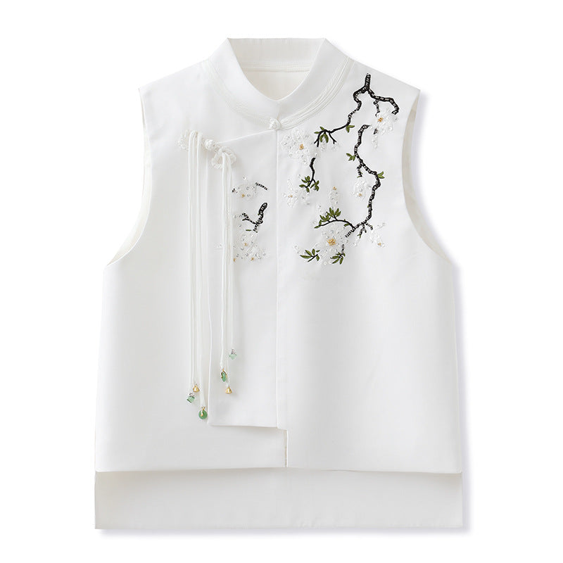 New Chinese style new stand-up collar vest women's casual versatile heavy industry flower embroidered buckle vest jacket women M6036