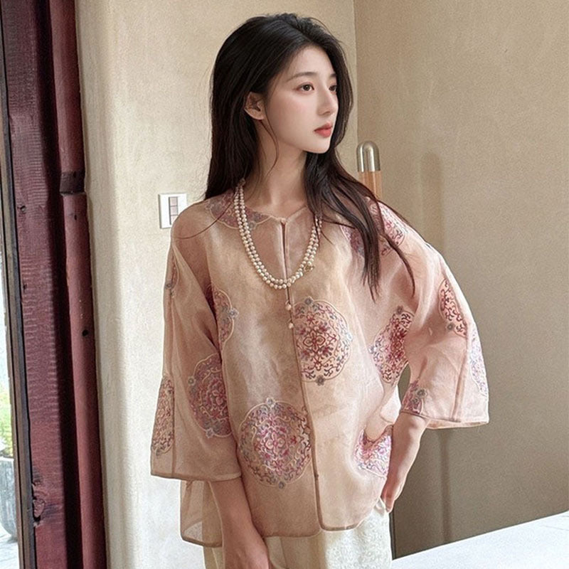 New Chinese style loose mulberry silk shirt women's summer thin high-end design loose top M6032