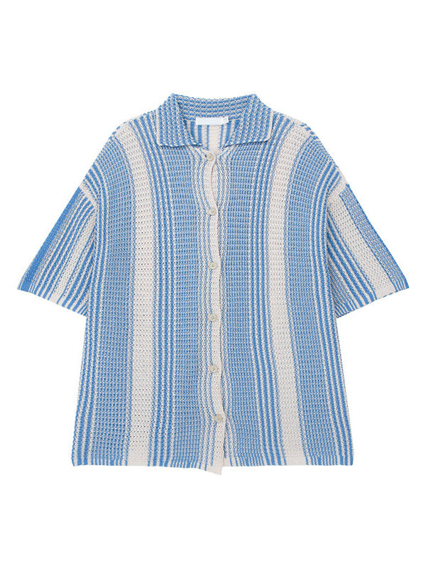 American style niche contrast color short-sleeved shirt men summer new style trend loose lapel casual knit sweater top