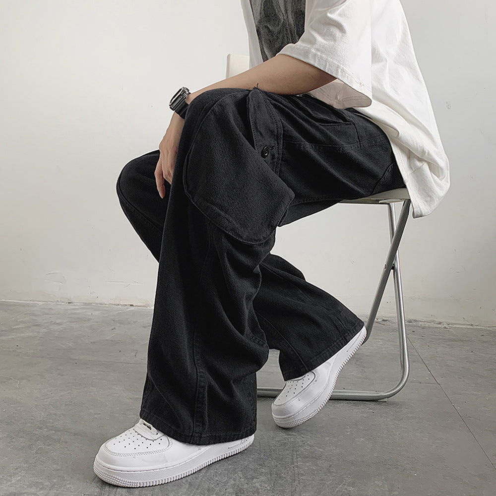 saferido fall outfit men American Hip Hop Straight Overalls Summer Boys High Street Multi-Pocket Wide Leg Mopping Pants Fashion Ins