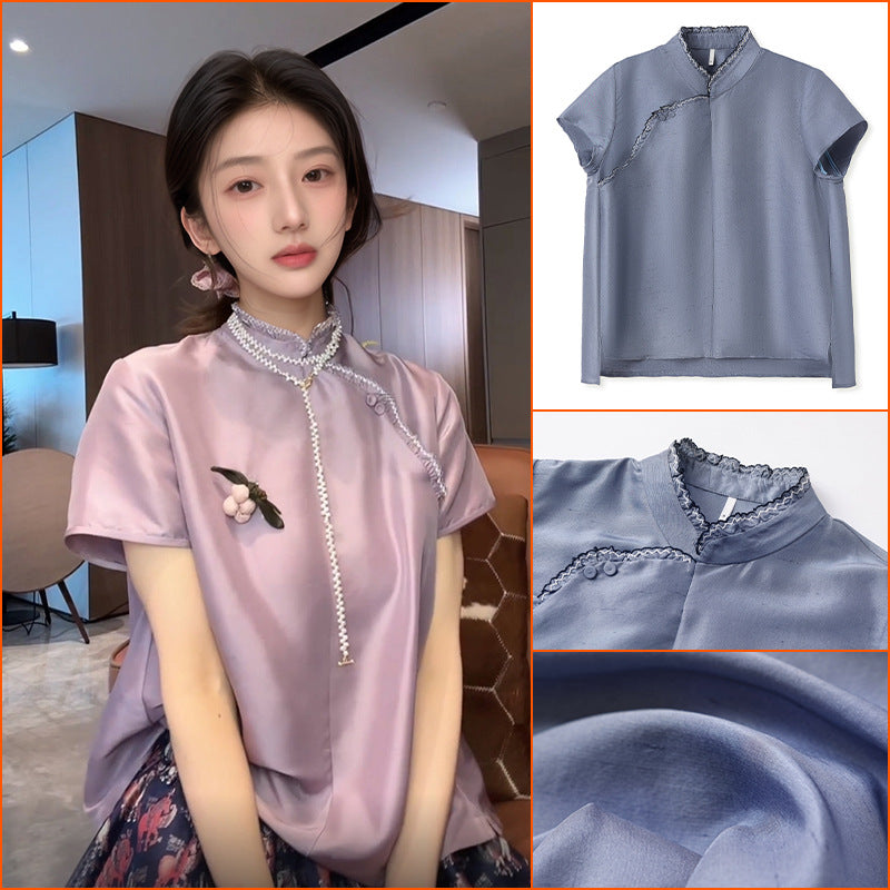New Chinese style mulberry silk high-end shirt women's summer new chic diagonal placket buckle lace top N4002