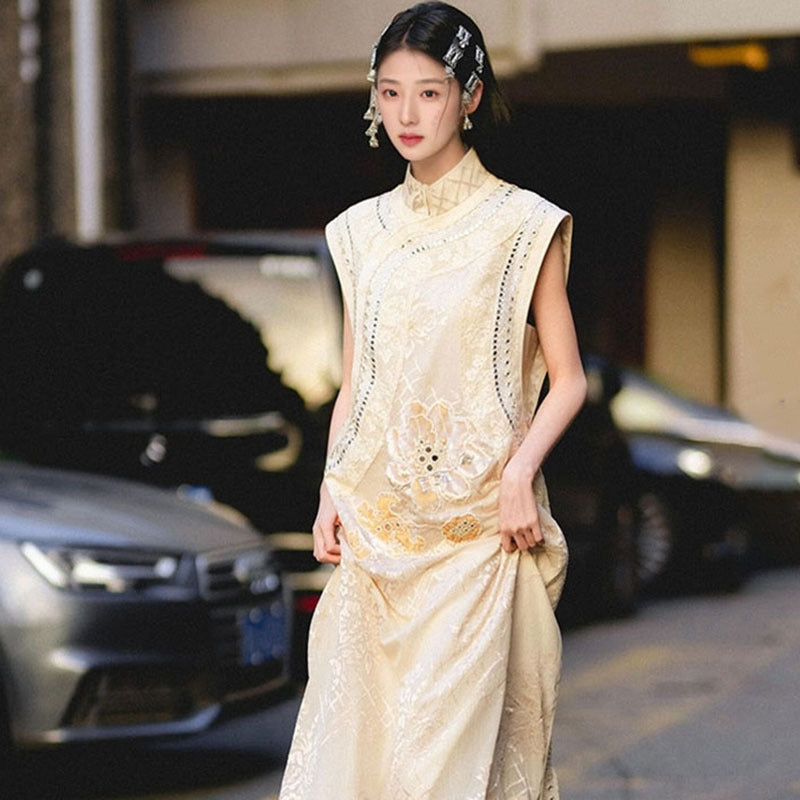 New Chinese style light luxury stand-up collar bead embroidery sleeveless sequins loose silk vest dress set MY012