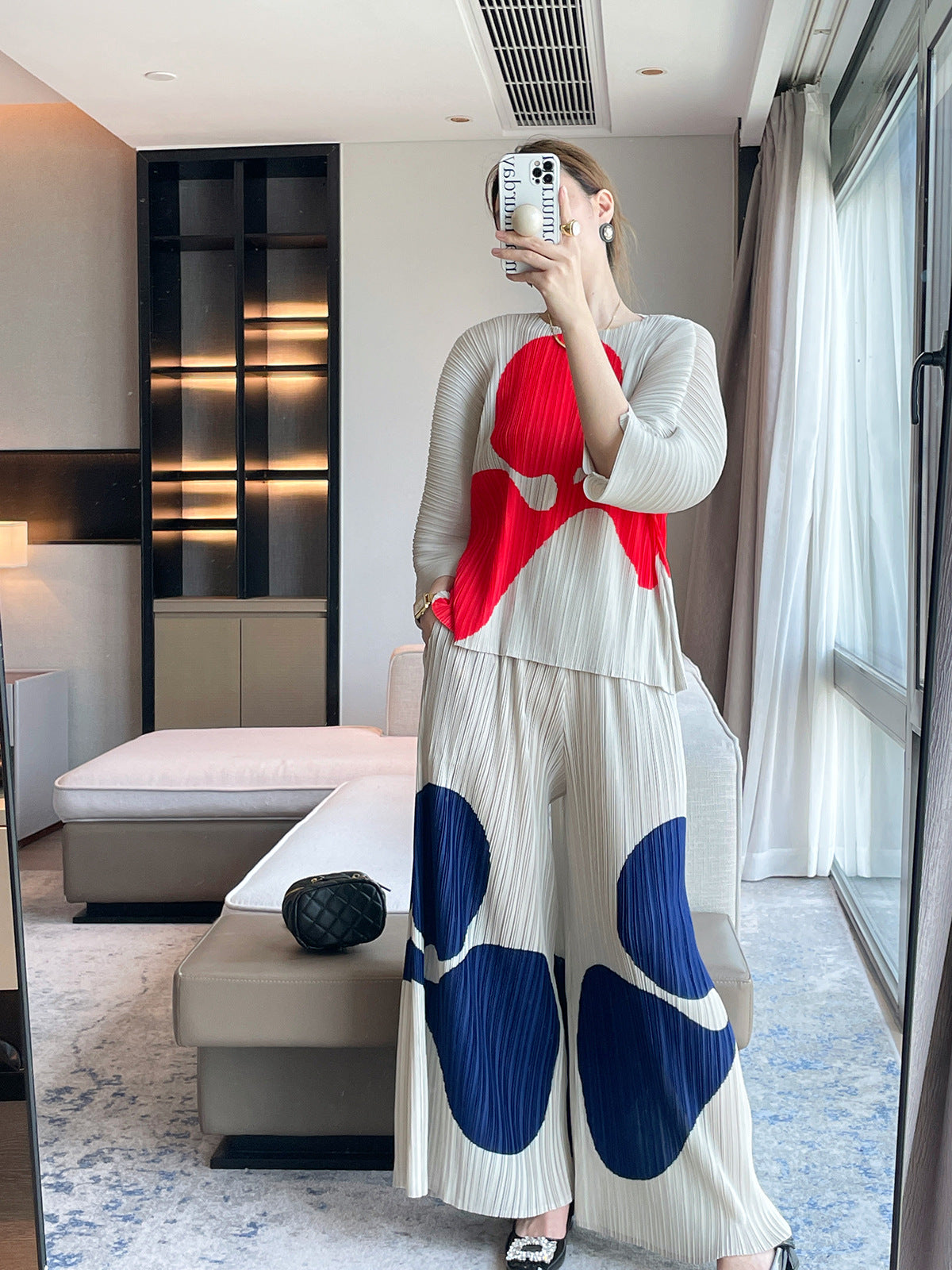 autumn new high-end printed fashion T-shirt pleated top women's loose casual pants two-piece set