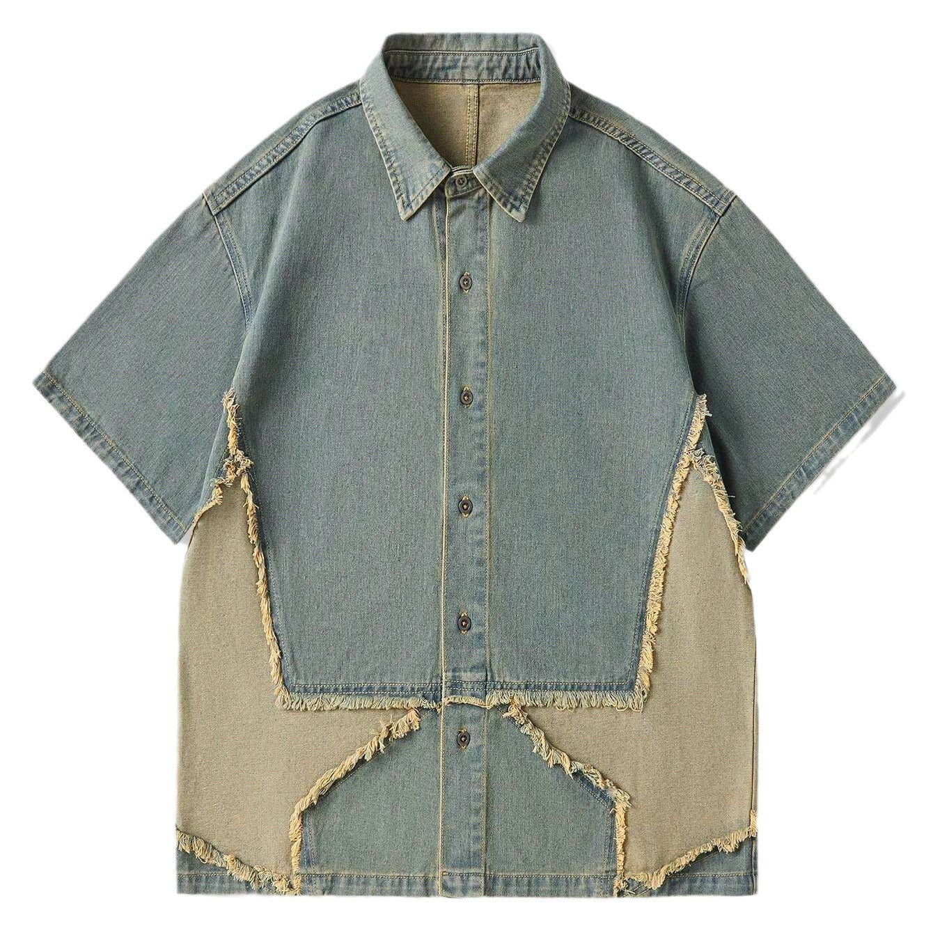saferido 90s fashion men Frayed Star Patch Embroidered Short-Sleeved Men's Shirt Summer American Street Wash Polo Collar Button Cardigan Shirt