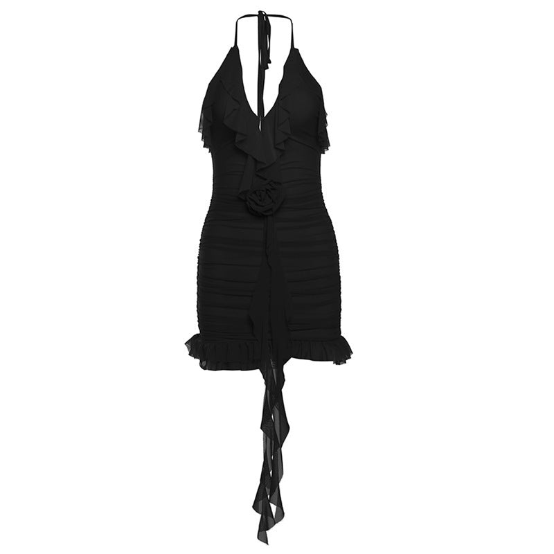 Cross-border 2025 style popular summer new women's clothing solid color slim-fitting high-waisted fashion neck sexy backless dress