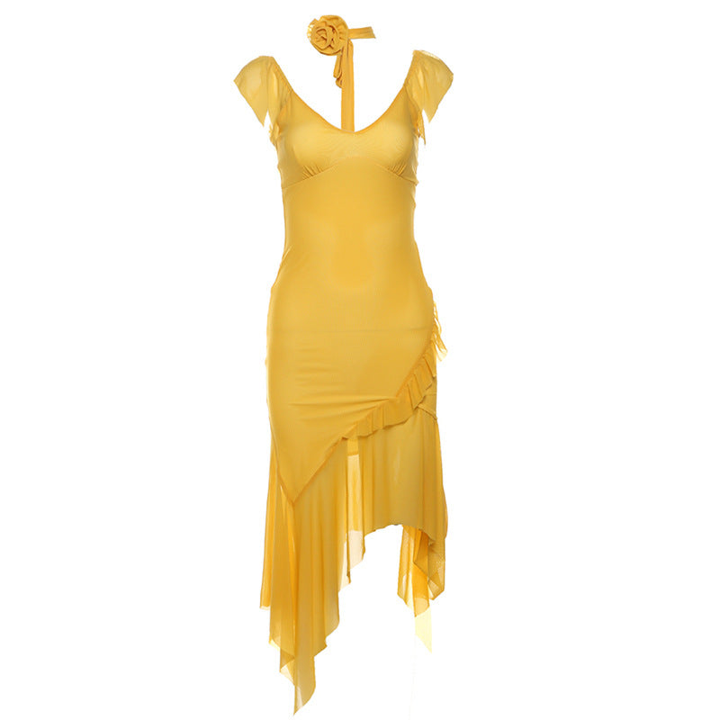 2025 style popular summer new women's clothing three-dimensional flower neck V-neck sleeveless wavy waist dress