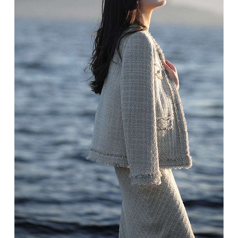 2025 Heavy industry weaving, wool small fragrant style suit, high-end coat, skirt, long skirt spring and autumn new women's clothing