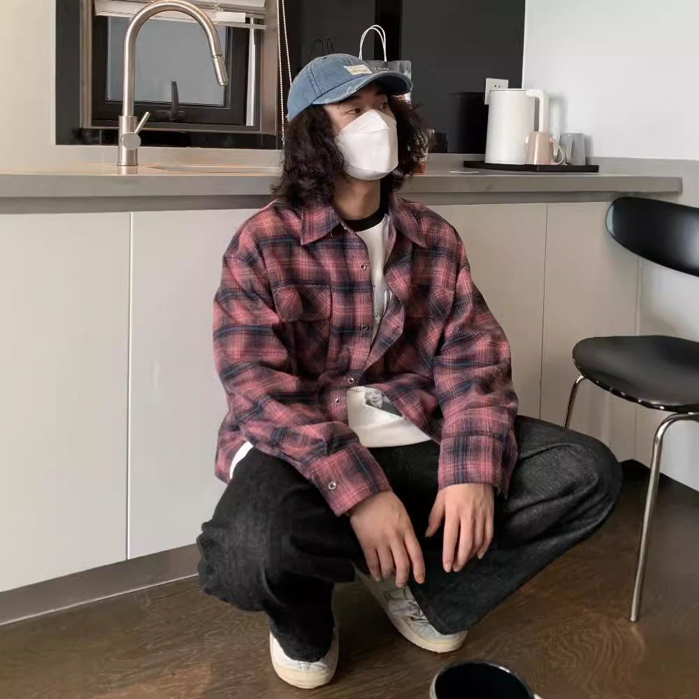 saferido      -shop men fall outfits American Autumn and Winter New Brushed Thickened All-Match Long-Sleeved Shirt Men's Plaid Casual Retro Couple