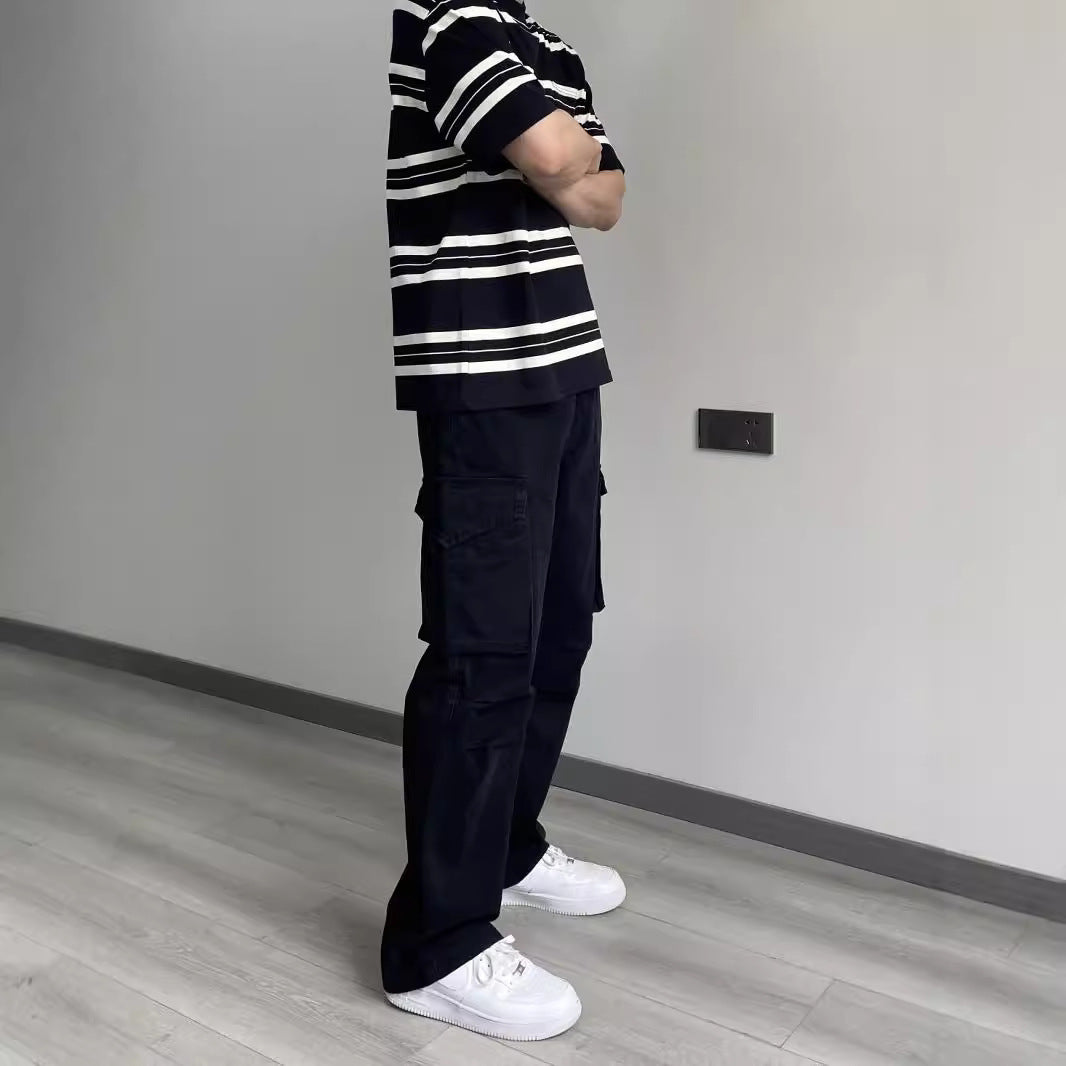 saferido fall outfits men Overalls American Street Retro Button Design Men's Straight Loose Large Pocket Straight Vibe Trousers