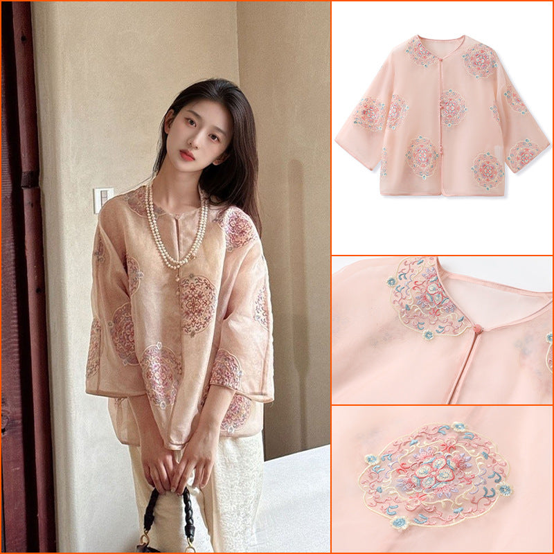 New Chinese style loose mulberry silk shirt women's summer thin high-end design loose top M6032