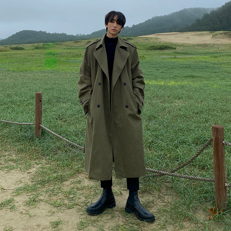 saferido mens fall fashion Long over-the-Knee Army Green Windbreaker Spring Handsome Double-Breasted Thin Overcoat Trendy Cloak Coat for Men
