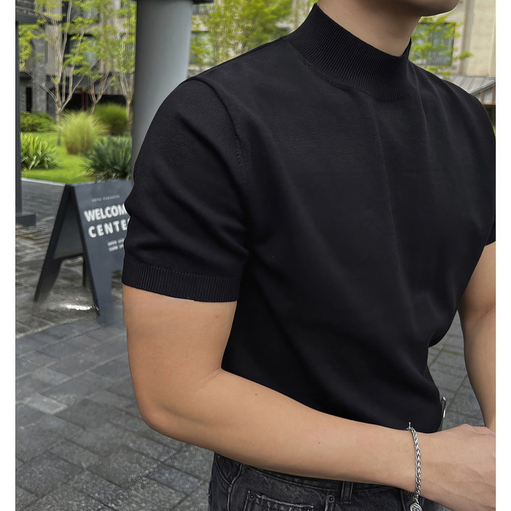 saferido -shop black men fashion urban Black Half Turtleneck Pullover Knitted T-shirt Men's American-Style Men's Short-Sleeved Sweater Trendy Slim Bottoming Half-Sleeved Shirt