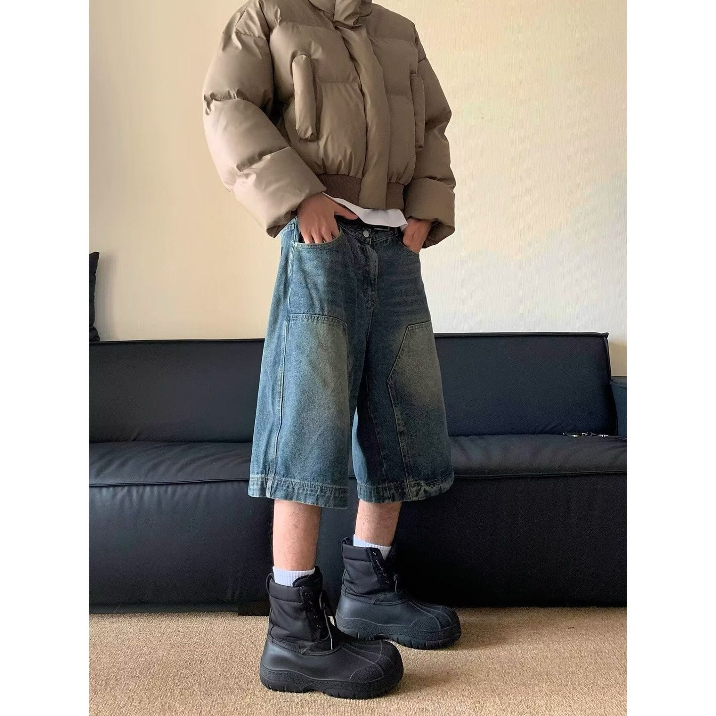 saferido 90s streetwear American-Style Retro Washed High Street Stitching Denim Shorts Men's and Women's Summer Wide-Leg Distressed Casual All-Match Cropped Pants