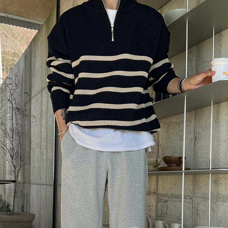 saferido -shop mens fall fashion Japanese Style Thick Striped Sweater Men's Autumn and Winter New Korean Style Trendy Loose Pullover Wool Sweater Top