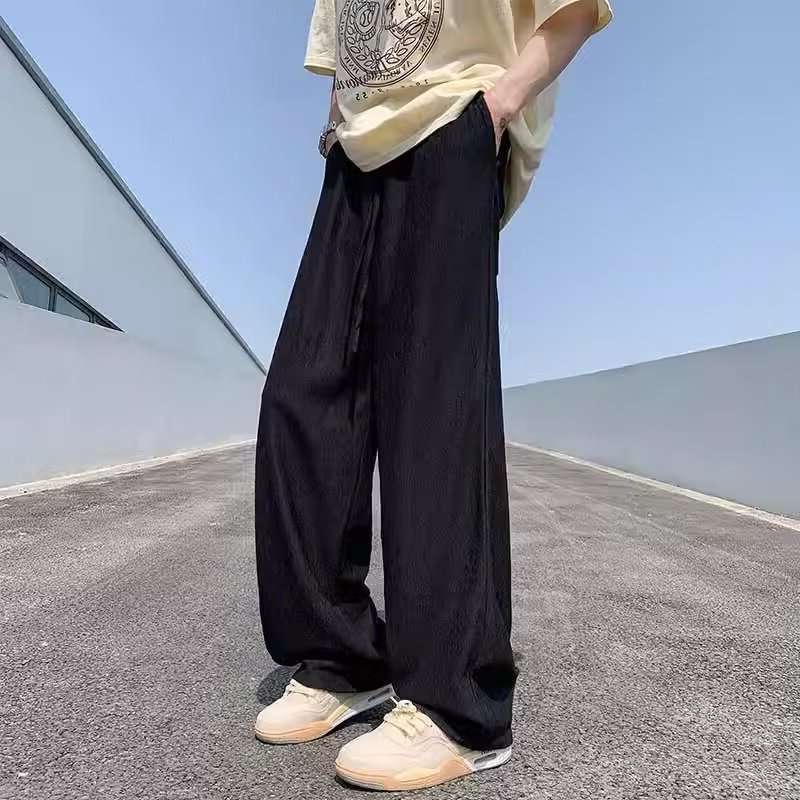saferido fall mens outfits Ice Silk Pants Men's Summer Thin American High Street Fashion High-Grade Ruffle Handsome Drape Straight Wide-Leg Casual Trousers