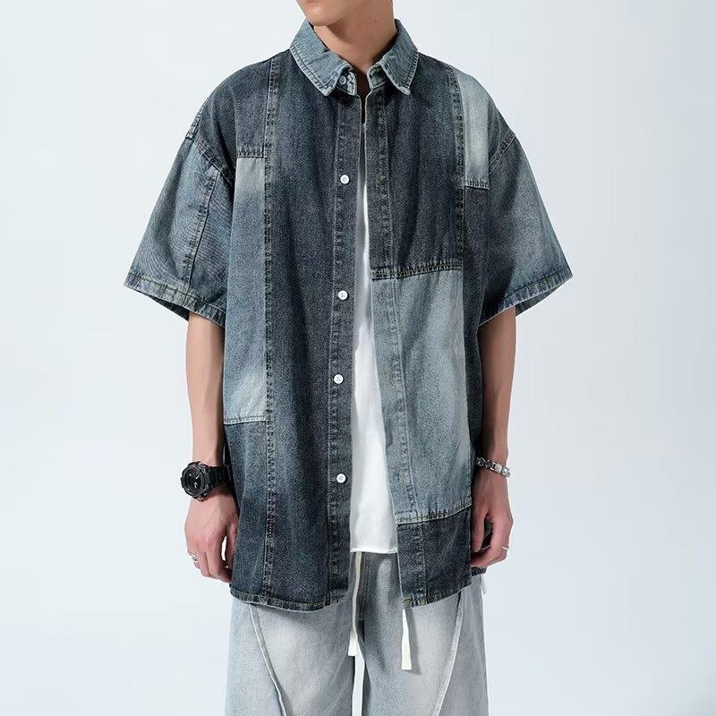 saferido 90s fashion men American-Style Retro Niche Stitching Denim Short-Sleeved Shirt Men's Shirt Junior Shirt Coat Women's Fashion