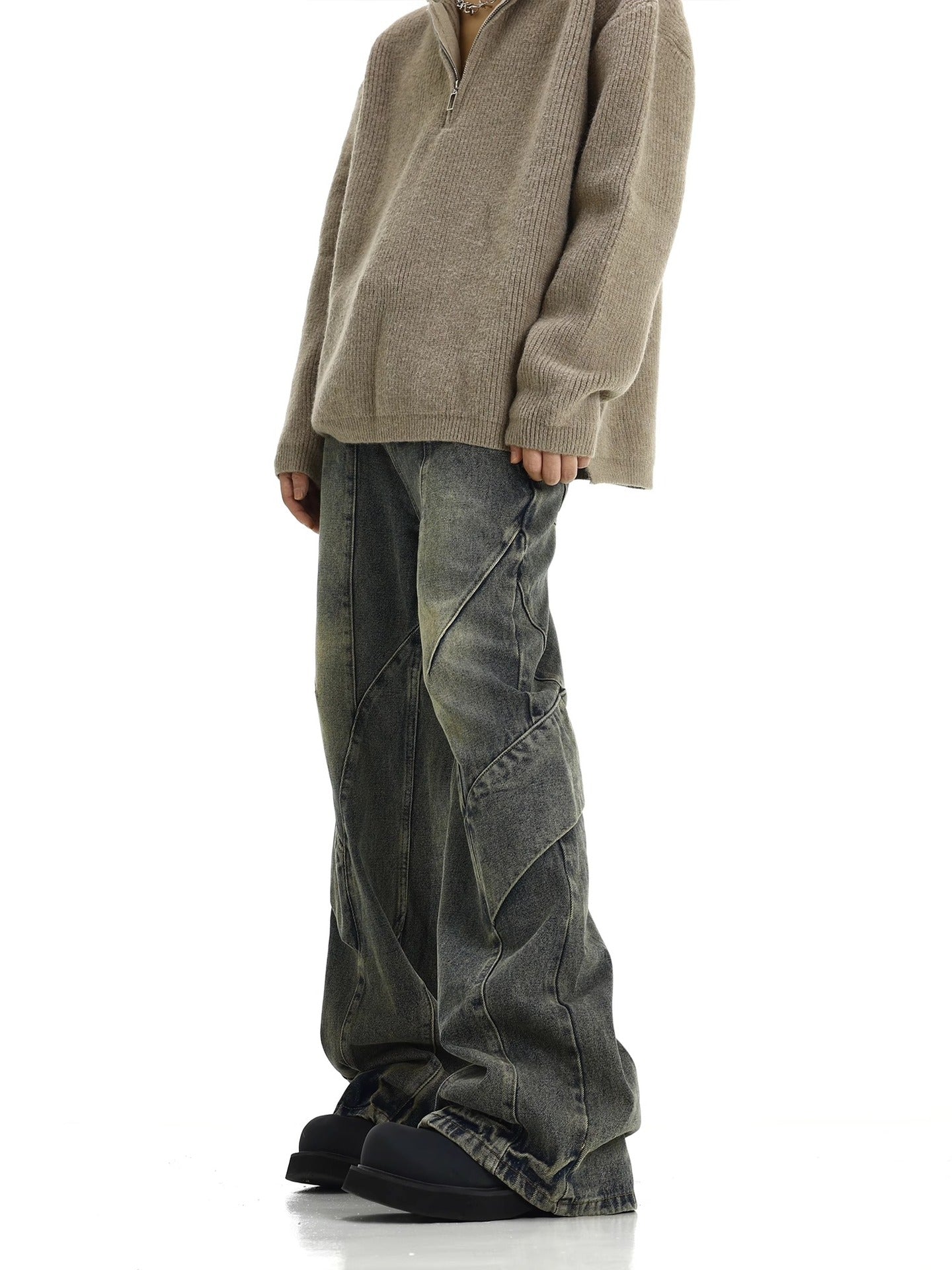 American retro distressed yellow mud washed jeans for men high street design splicing irregular drape flared pants