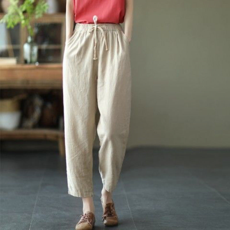 summer new literary and retro solid color simple Harlan pants loose large size versatile casual nine-point pants women