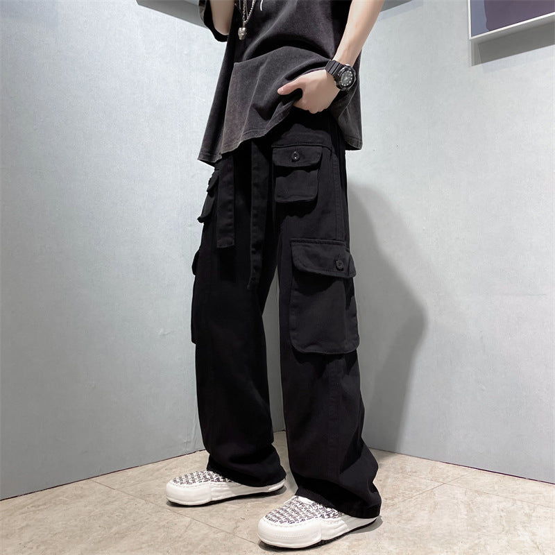 saferido boy outfits American Ins High Street Multi-Pocket Overalls Men's Loose Straight Casual Pants Autumn Drape Wide Leg Pants