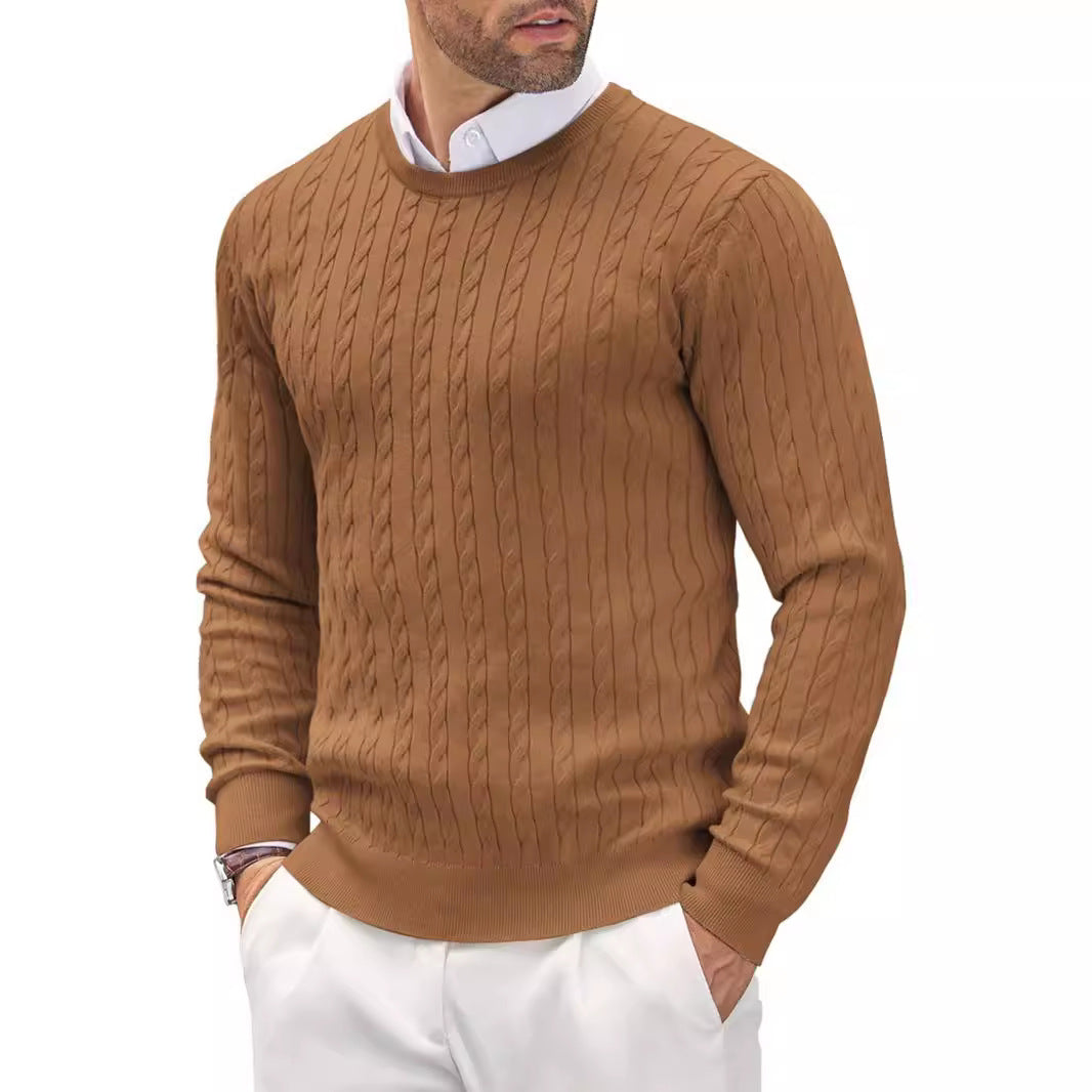 saferido -shop old money outfits men Autumn and Winter New Men's round Neck Knitted Sweater Slim-Fit Long-Sleeved Twisted Solid Color Simple Knitted Bottoming Shirt Men