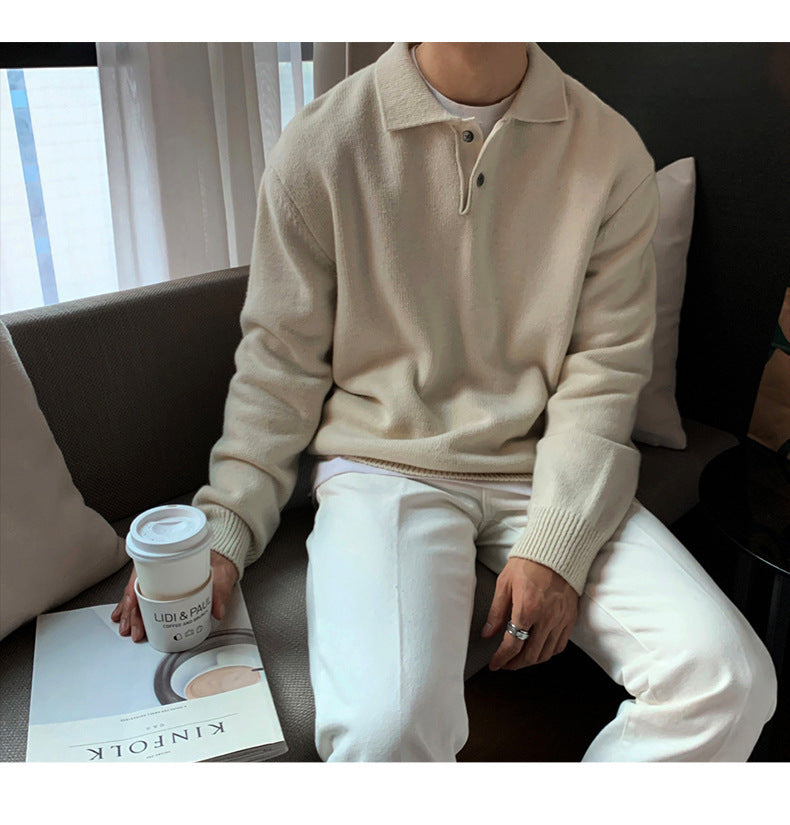 saferido -shop mens fall fashion Lapel Polo Shirt Sweater Men's Loose Korean Style Trendy Handsome All-Match Solid Color Bottoming Sweater Top Coat