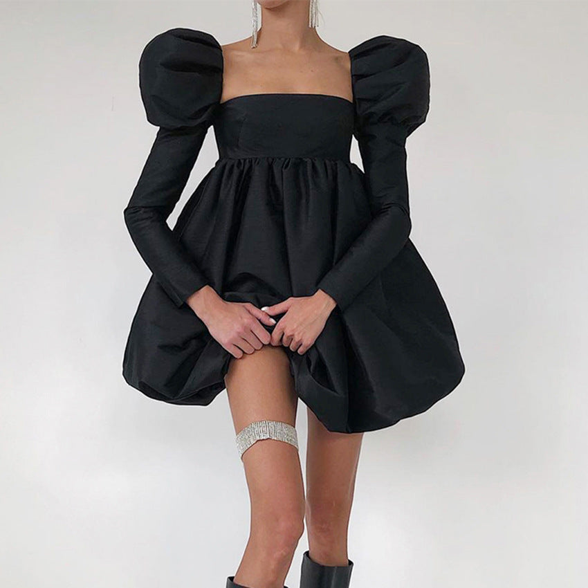 2025 Autumn Bubble Sleeve Satin Satin Princess Dress Small Dress Long Sleeve Square Neck Court Style Dress Women