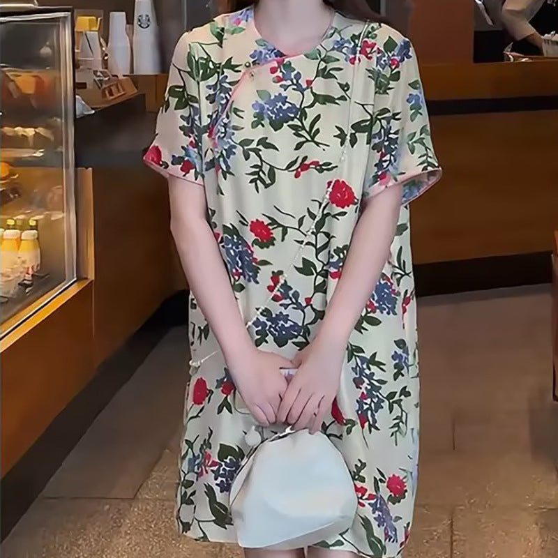 New Chinese style light national style burnt mulberry silk dress summer new temperament loose design short skirt M3113
