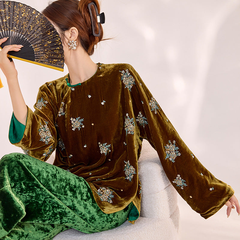National style retro embroidered sequined shirt women's winter loose age-reducing mulberry silk new Chinese top MY093