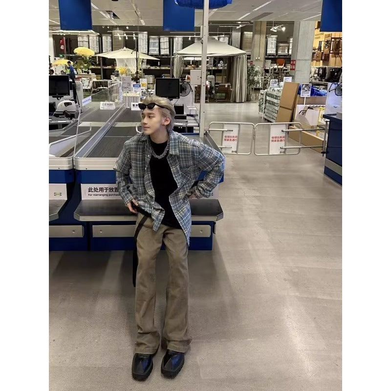 saferido      -shop 90s fashion men American Retro Plaid Shirt Street Casual All-Match Plaid Loose Plaid Long Sleeve Fashion Brand Shirt for Men and Women