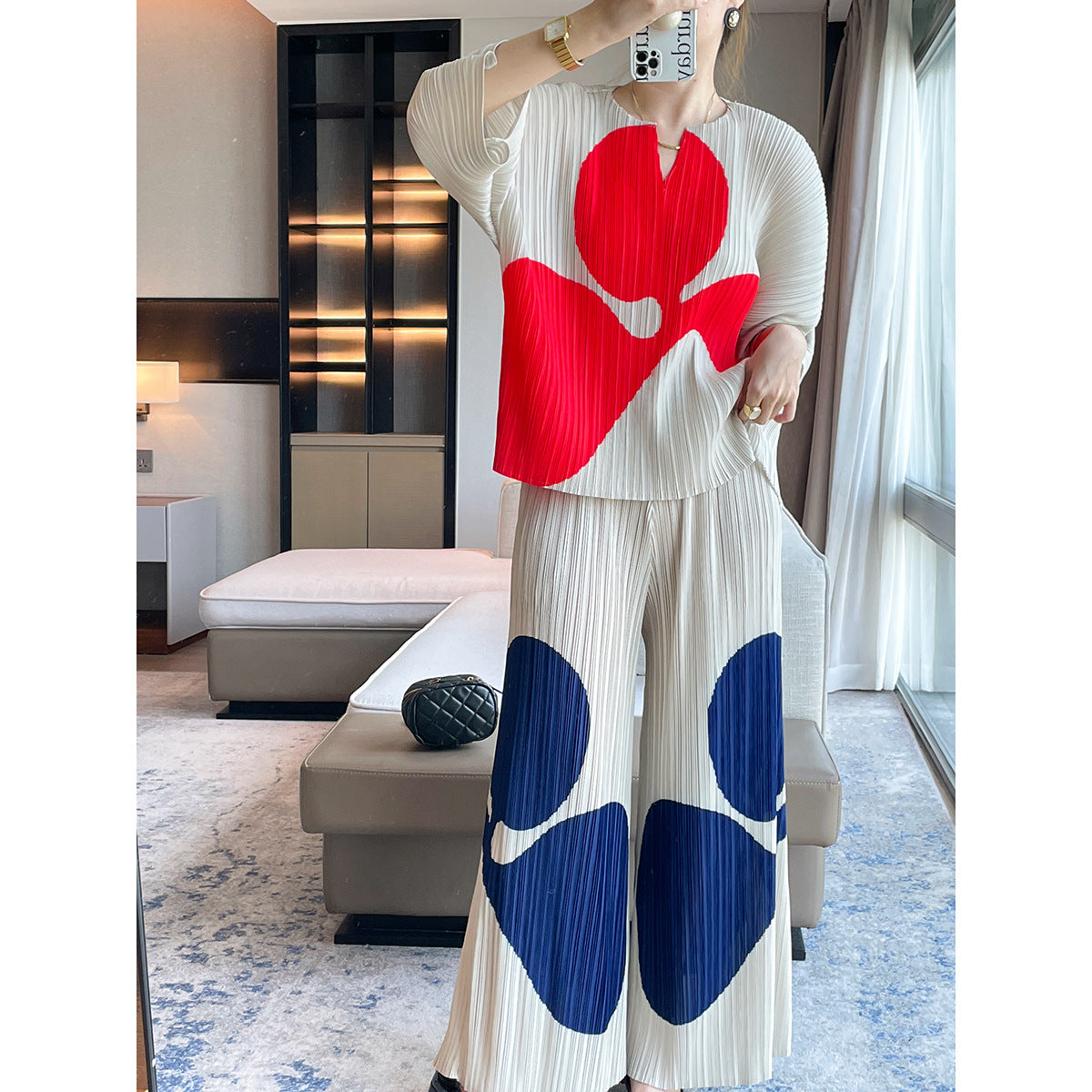 autumn new high-end printed fashion T-shirt pleated top women's loose casual pants two-piece set
