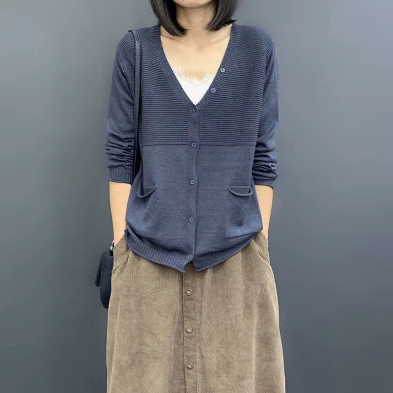 spring and autumn new Korean version of women's clothing loose and thin literary solid color long-sleeved knitted cardigan thin sweater jacket