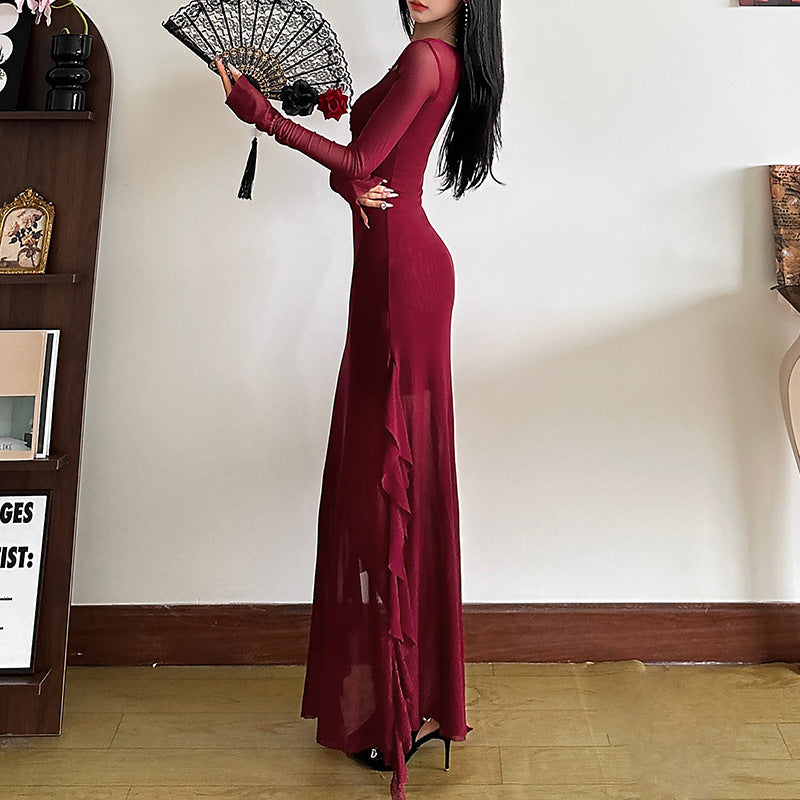 2025 style popular autumn new women's clothing red sexy deep V waist high split long-sleeved dress