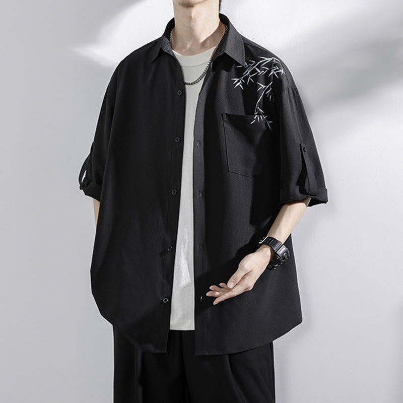 Ice silk shirt men's short sleeves summer trendy bamboo new Chinese style men's clothing Chinese style tops loose casual three-quarter sleeves