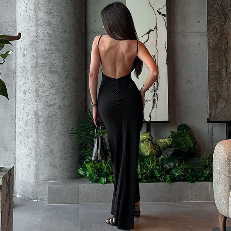 SAFERIDO 2025 Hot trade new style New women's clothing sexy Spice Girls suspender backless pleated long solid color dress