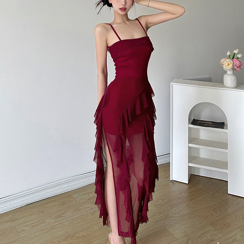 2025 style popular summer new women's clothing fashionable and sexy fungus edge splicing temperament split dress