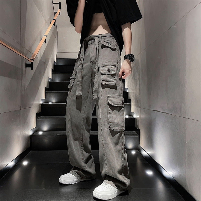 saferido boy outfits American Ins High Street Multi-Pocket Overalls Men's Loose Straight Casual Pants Autumn Drape Wide Leg Pants