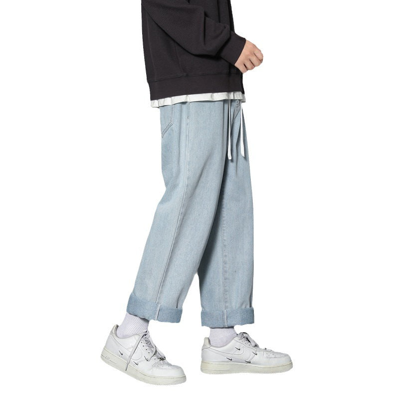 saferido -shop black men fashion urban Clean and Comfortable Trendy Season Men's New Jeans Loose Straight Casual Youth Hong Kong Style Cropped Pants All-Matching