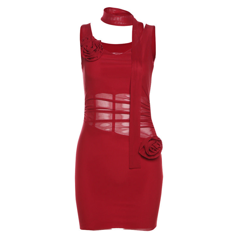 2025 style popular summer new women's clothing solid color slim-fitting high-waisted fashion V-neck suspender gauze dress