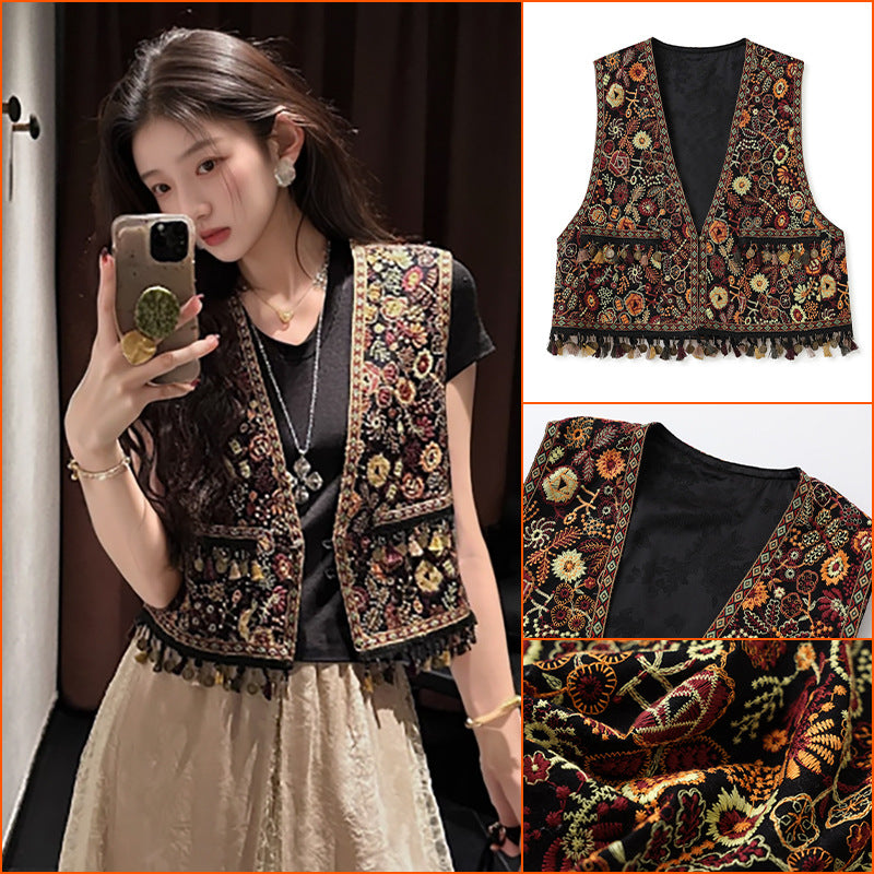 National style high-end retro style sleeveless temperament vest summer new Chinese embroidered fringed short vest N4078
