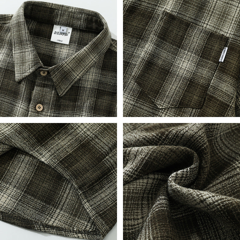 saferido -shop shirt Japanese Style Retro Artistic Youth Plaid Short Sleeve Shirt Men's and Women's Mori Cityboy Profile Half Sleeve Striped Shirt