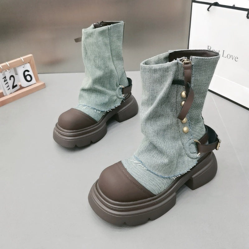 2025 Western denim cloth pants tube boots knight martin boots women's autumn and winter popular short boots children thick heel