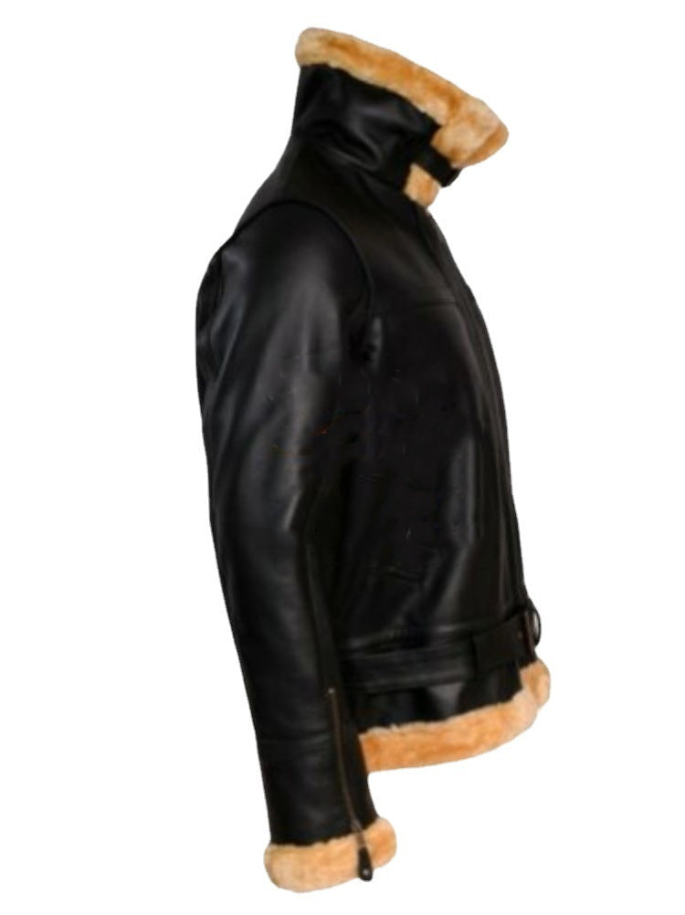 2025 winter New new fit belt lapel casual zipper men's fur jacket